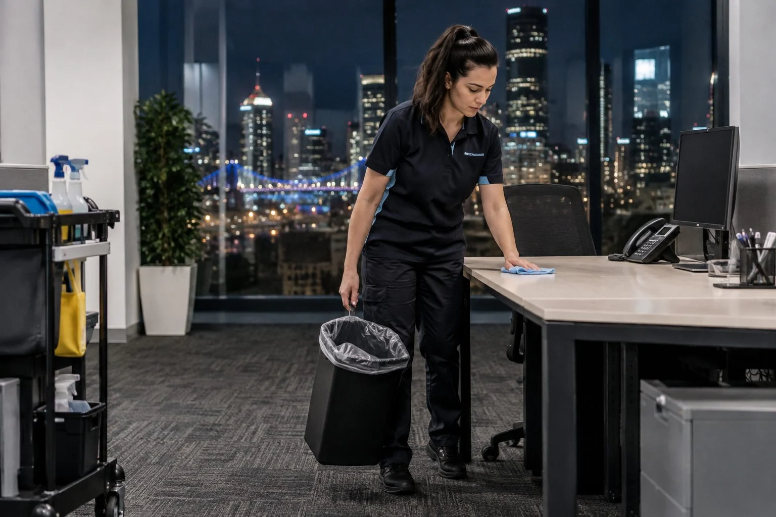 Commercial cleaner wiping a desk in a Brisbane office after hours