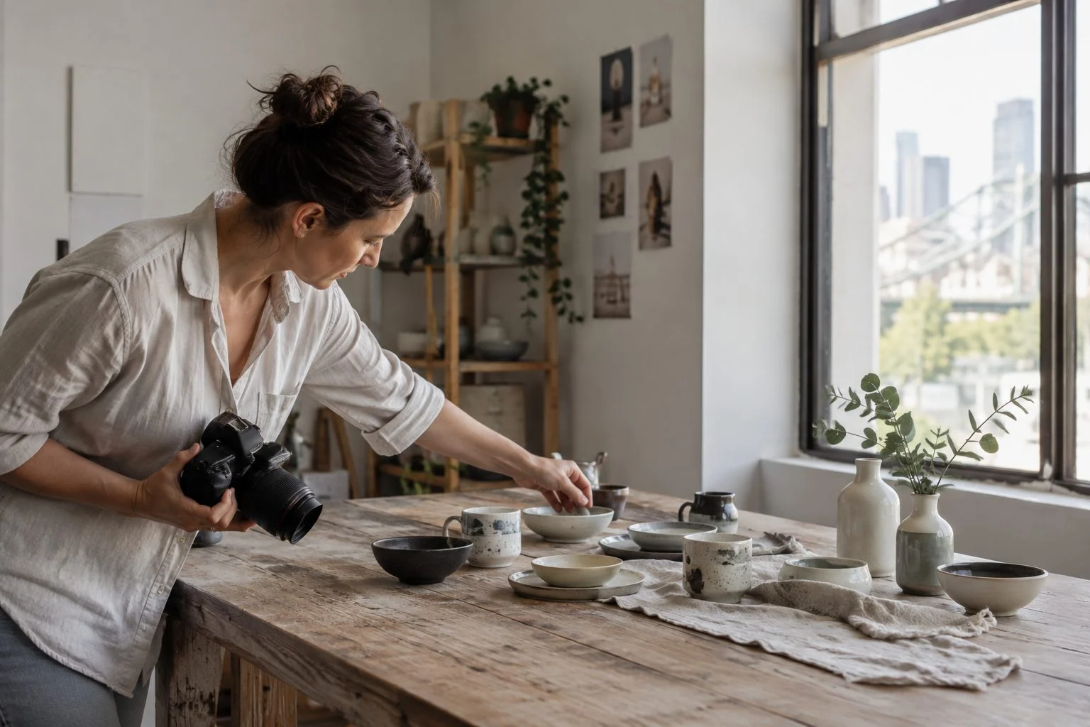 Photographer styling handmade ceramics for an online store in a Brisbane studio