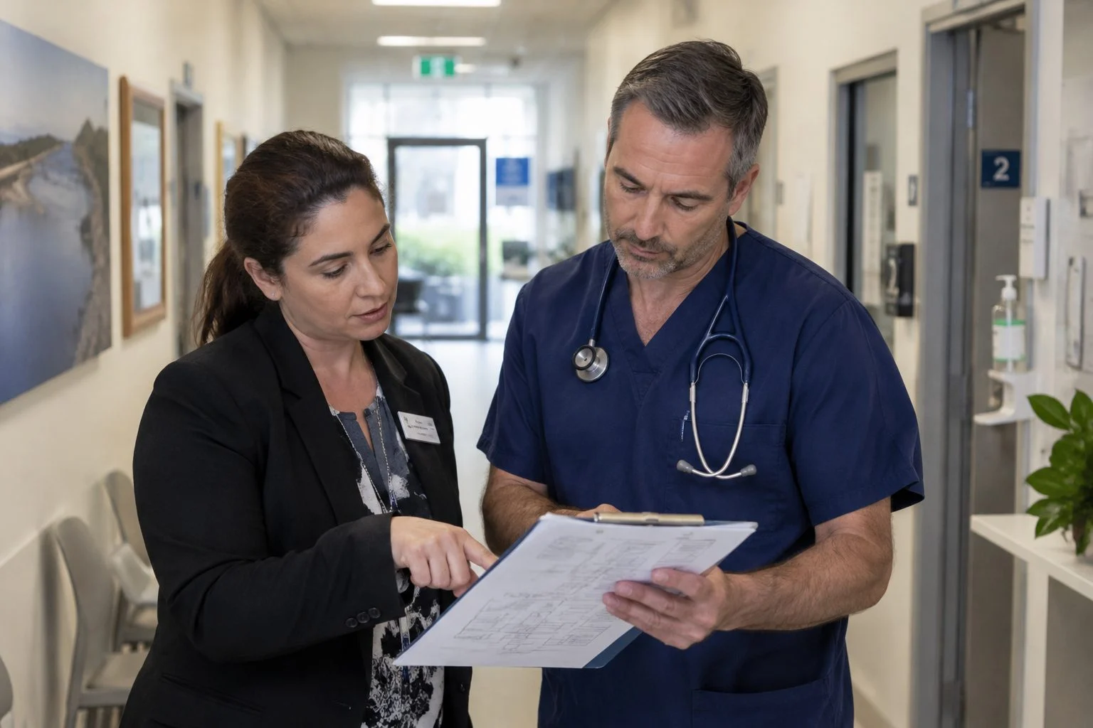 General practitioner and practice manager reviewing a printed sitemap in a clinic corridor