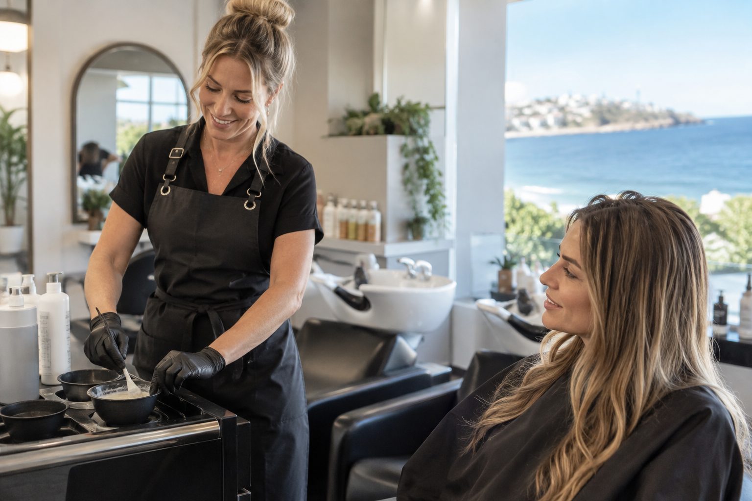 Hairdresser mixing colour at a salon basin while a client looks on