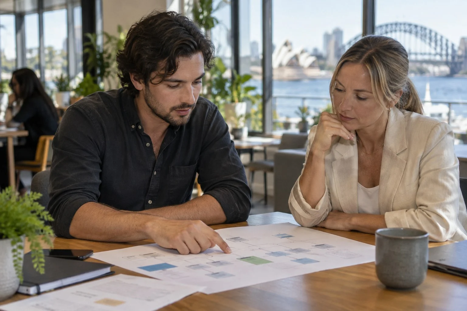 Web developer and business owner reviewing a site map in a Sydney co-working space