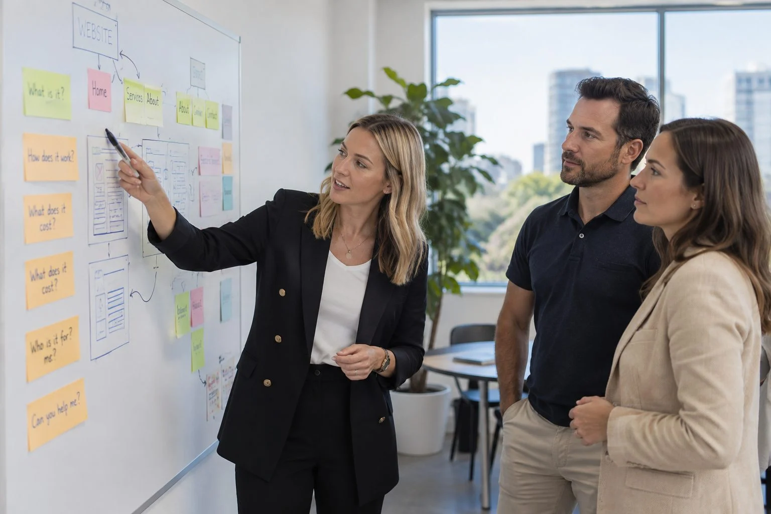 Marketing consultant mapping website pages and customer search questions on a whiteboard with two business owners