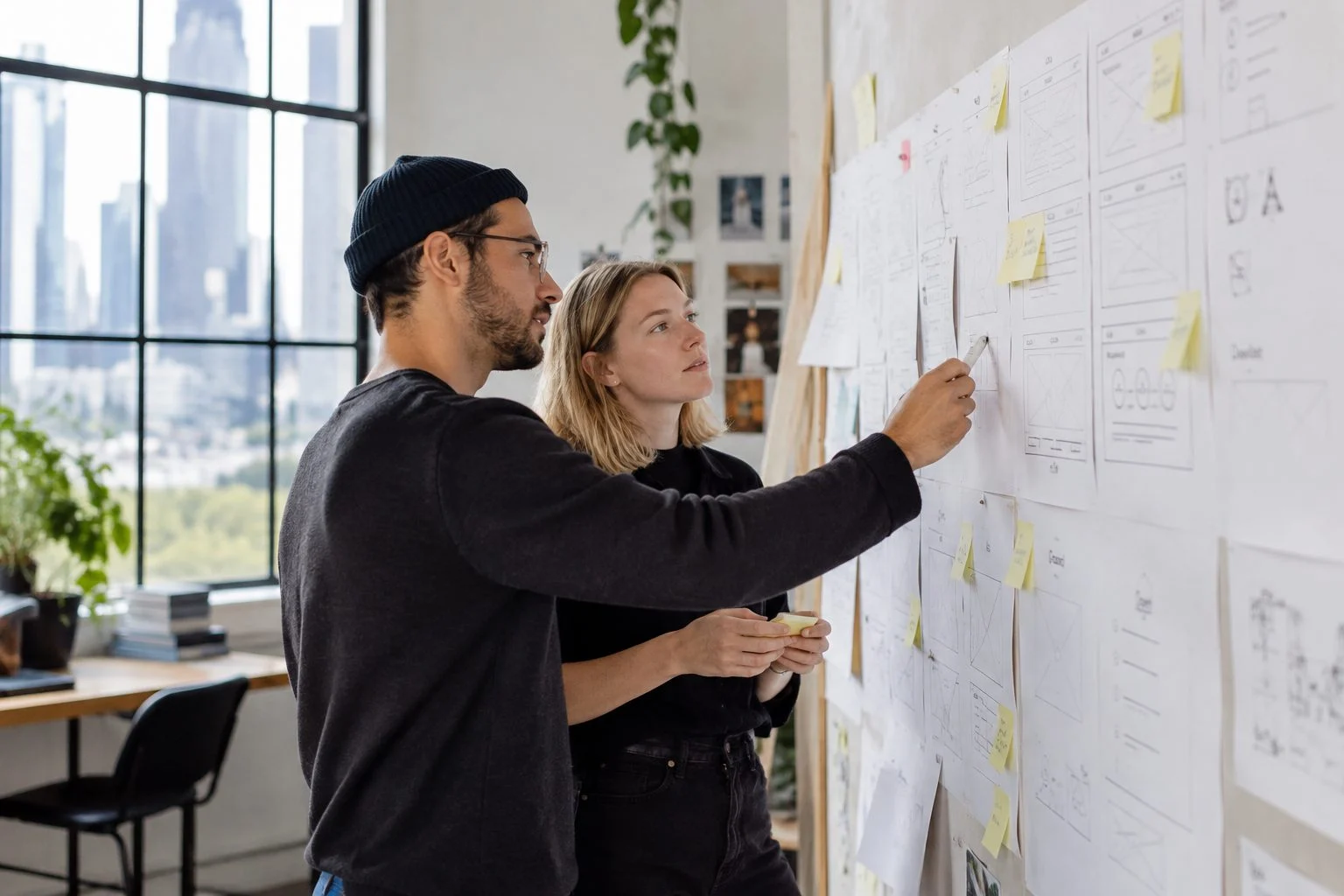 Web designer and copywriter sketching page layouts on a paper wall chart in a Melbourne studio