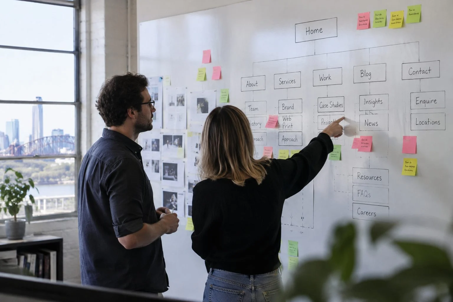Two designers discussing a website sitemap on a whiteboard wall in a Sydney studio