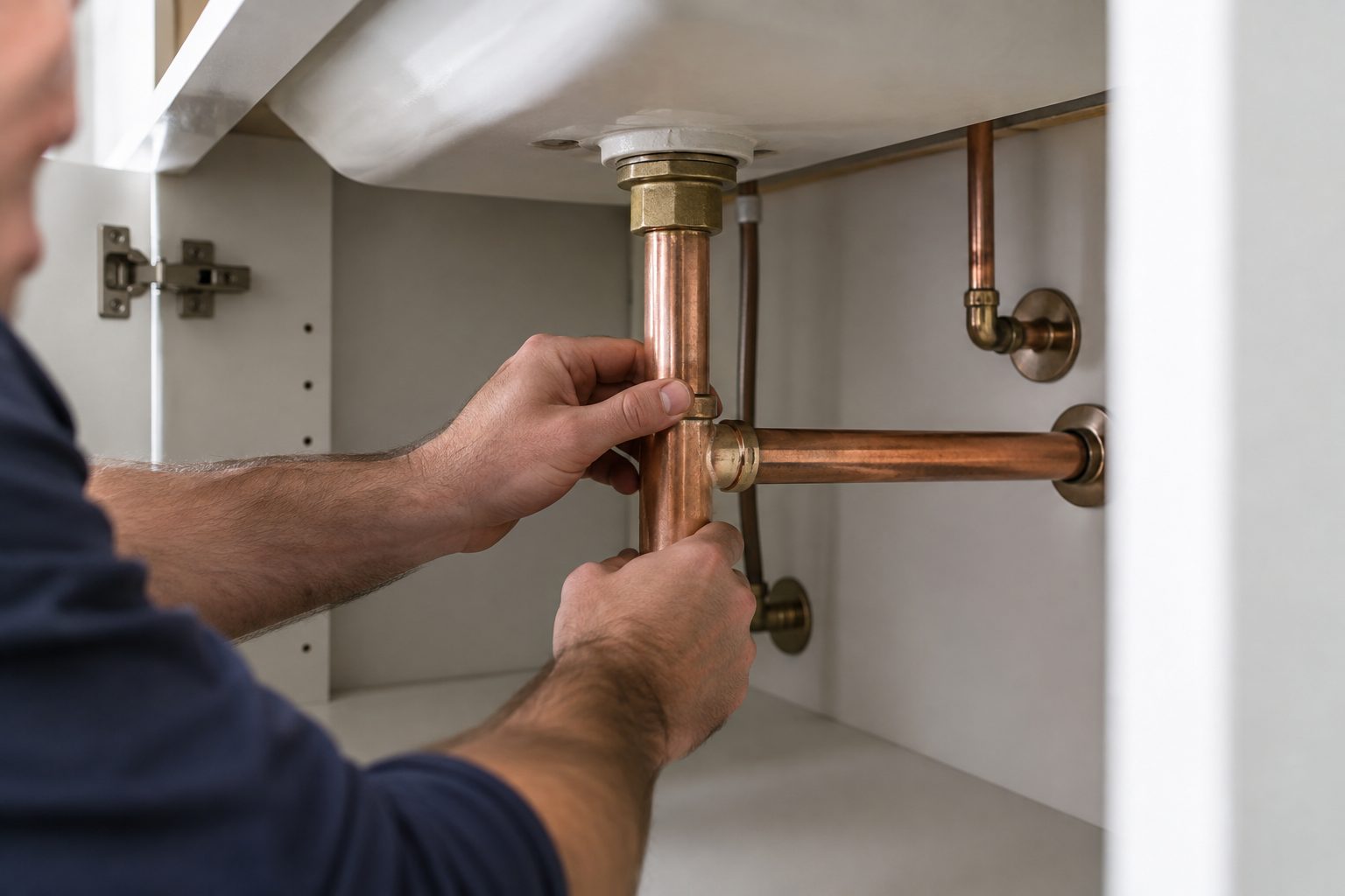 Plumber fitting a copper pipe under a bathroom vanity in an Australian home