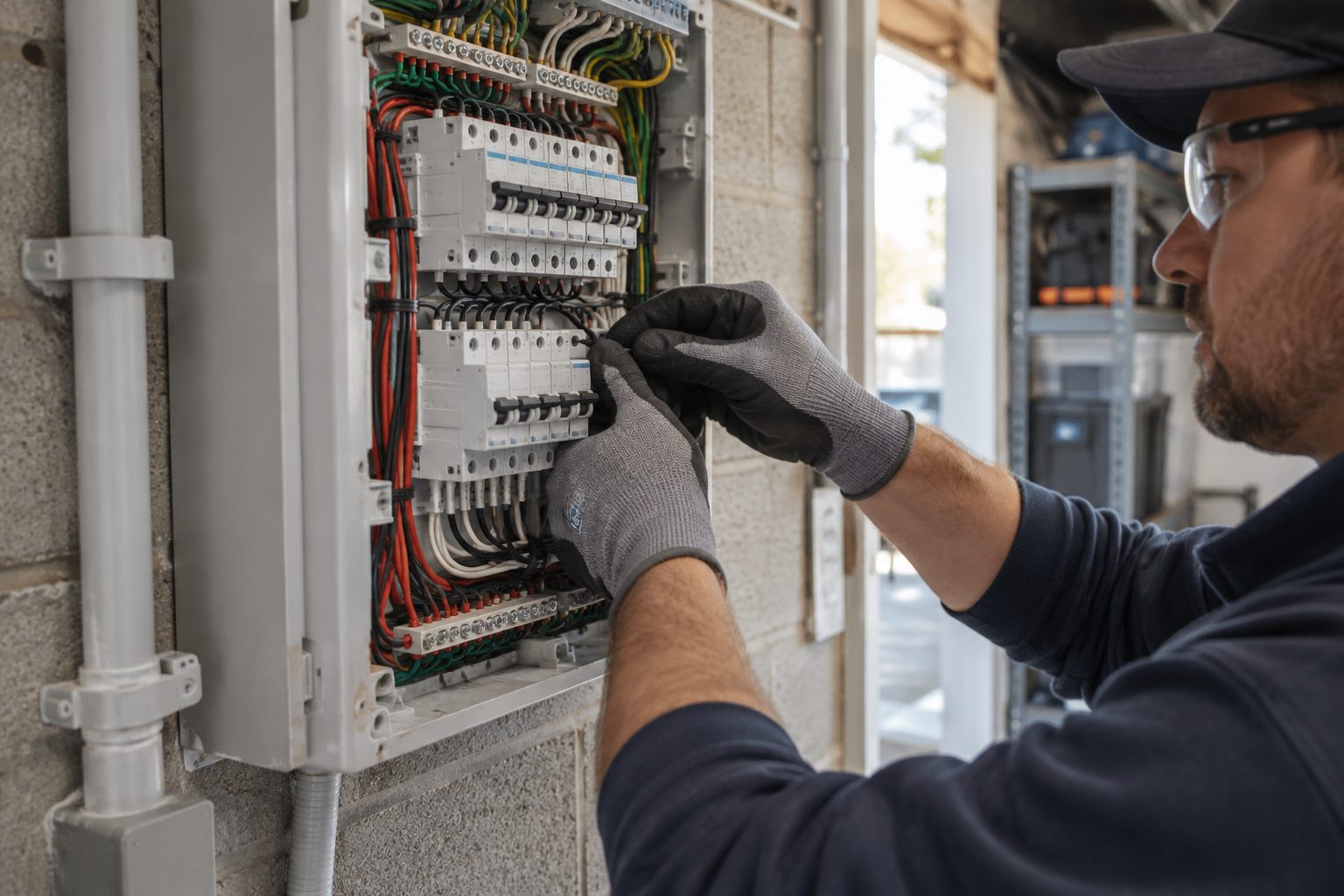 Electrician wiring a tidy switchboard in a home garage