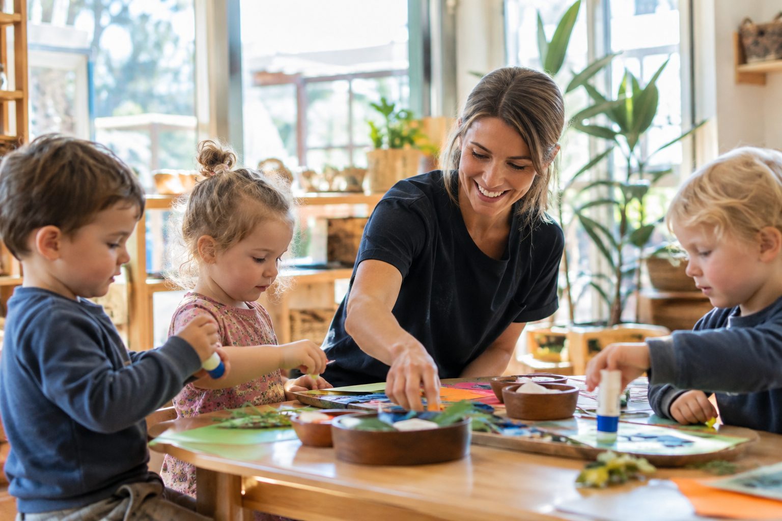 Educator and small children doing a craft activity in a sunny childcare room