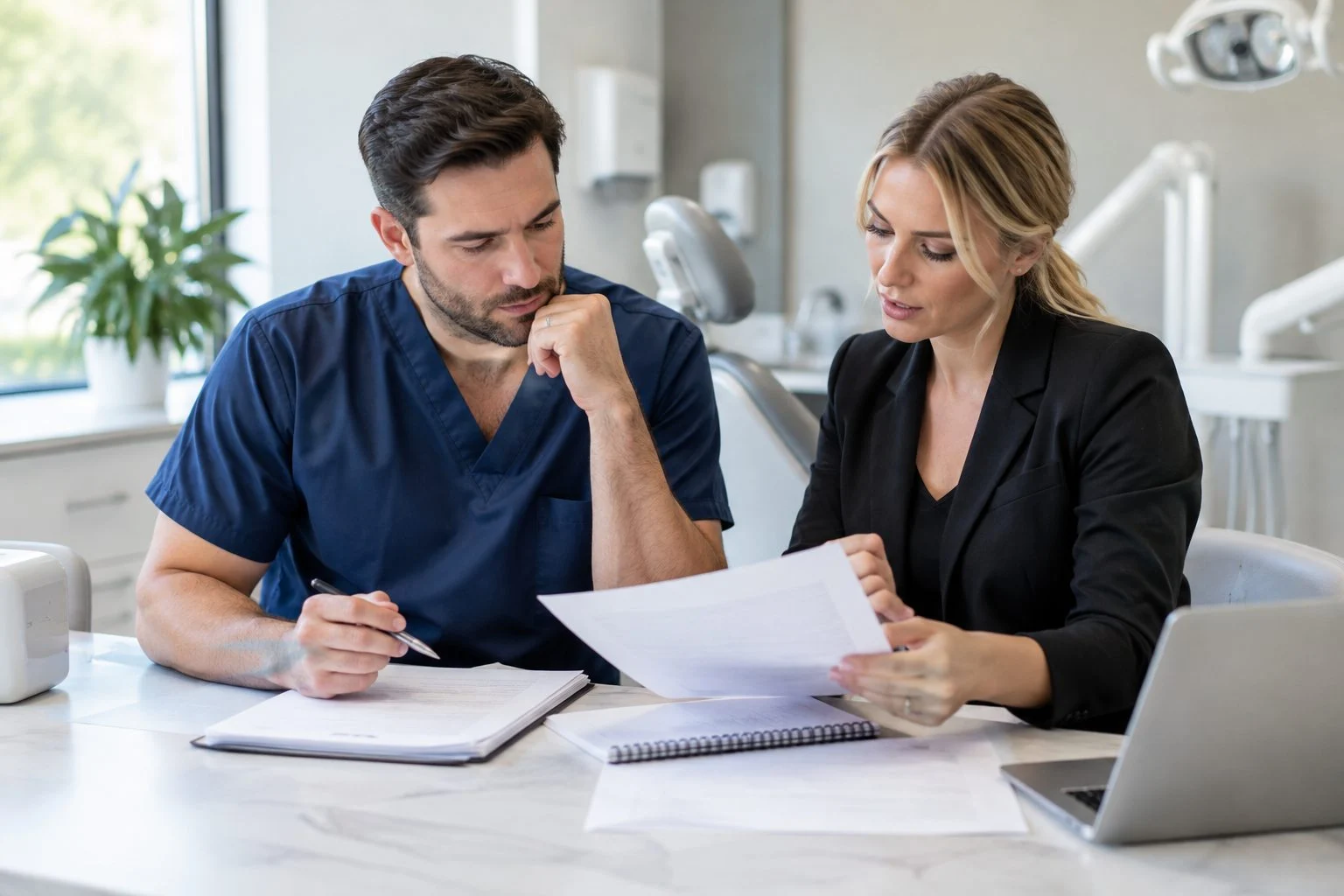 Dentist and practice manager comparing website agency proposals at a clinic table