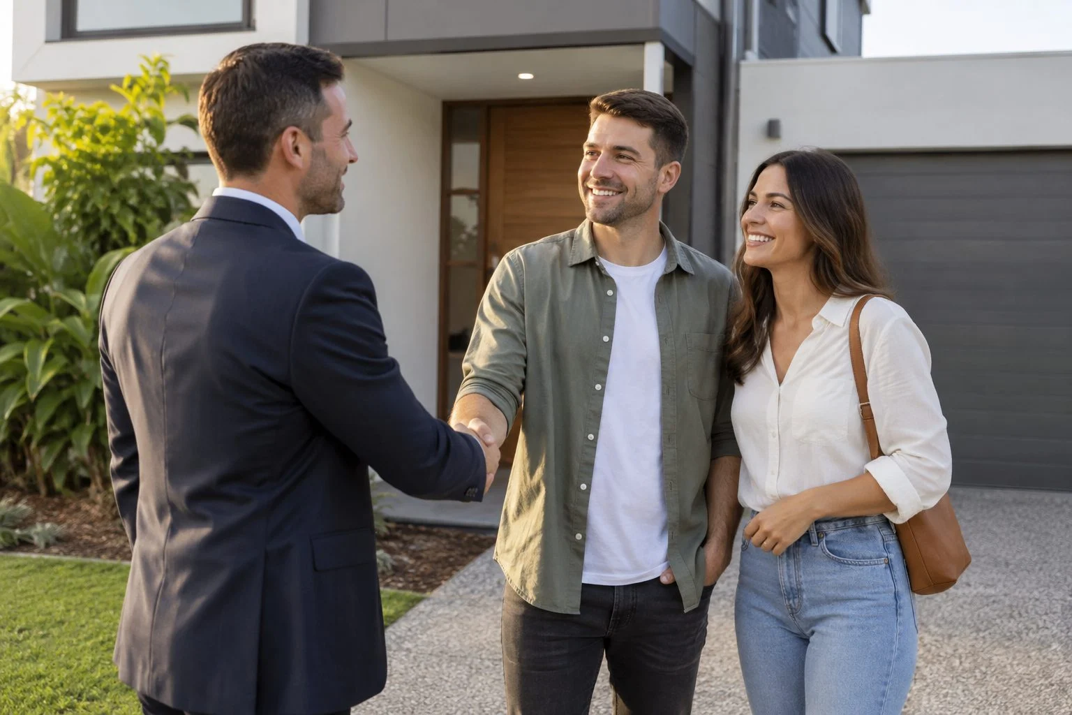 Mortgage broker shaking hands with a first home buyer couple outside a Queensland townhouse