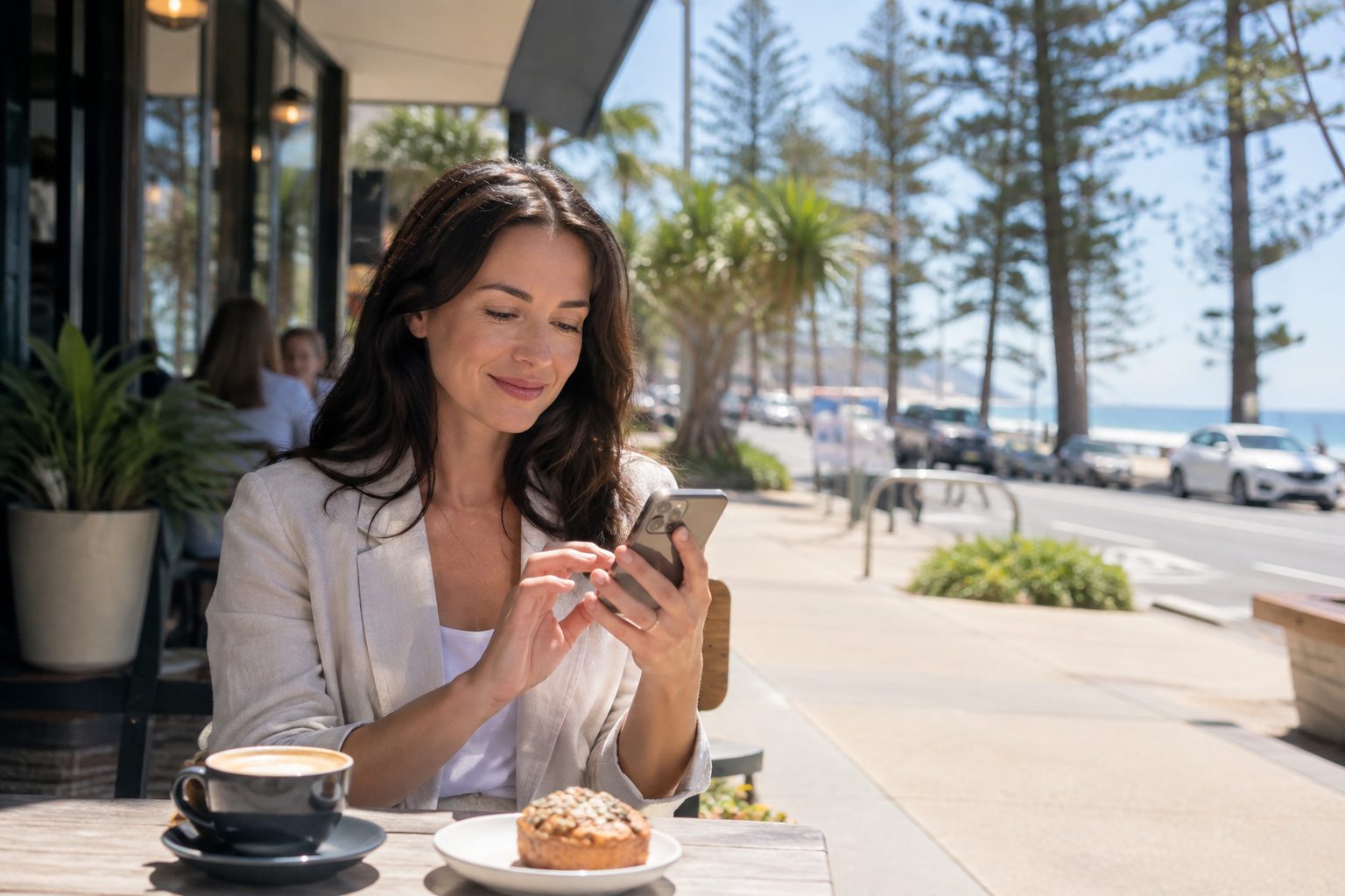 Business owner in Burleigh Heads searching for a local accounting firm on her phone