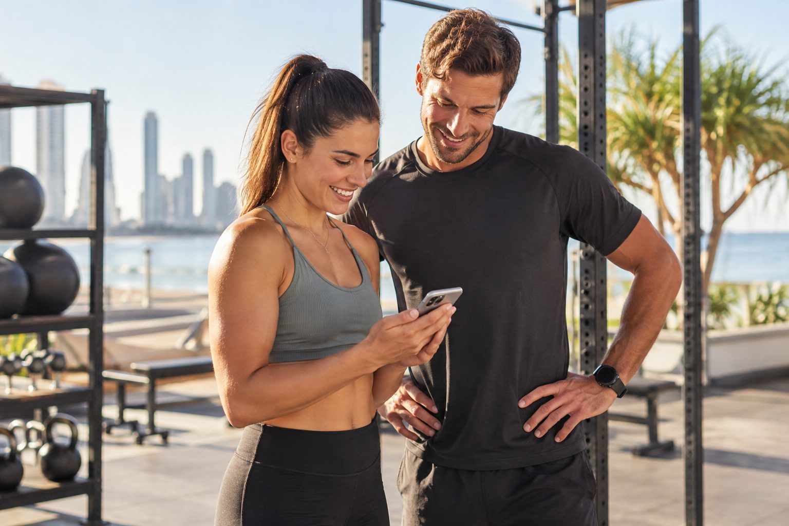 Personal trainer and member checking a class time on a phone at an outdoor Gold Coast gym