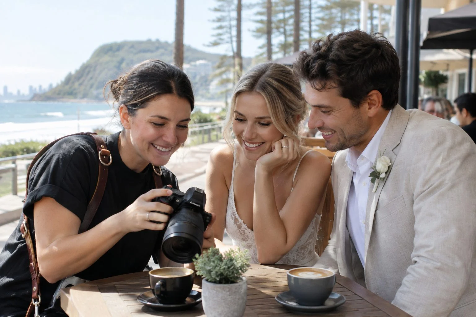 Wedding photographer showing a couple photos on a camera at a Burleigh Heads cafe