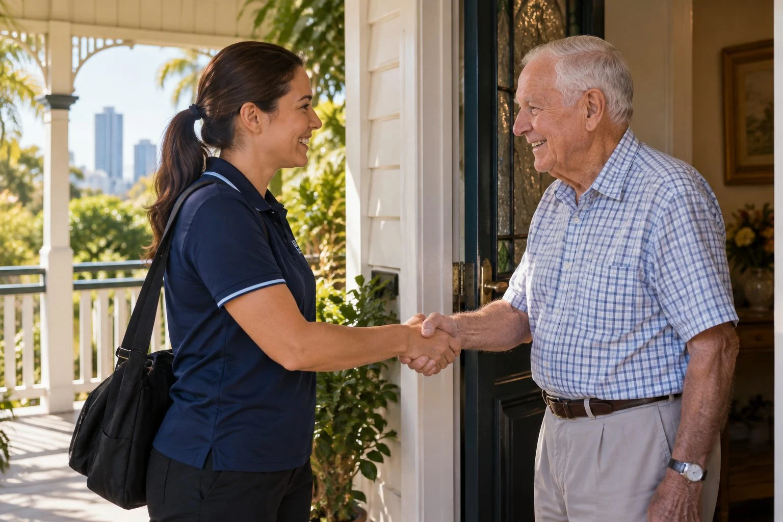 Home care worker greeting an elderly man at the door of a Queenslander home in Southport