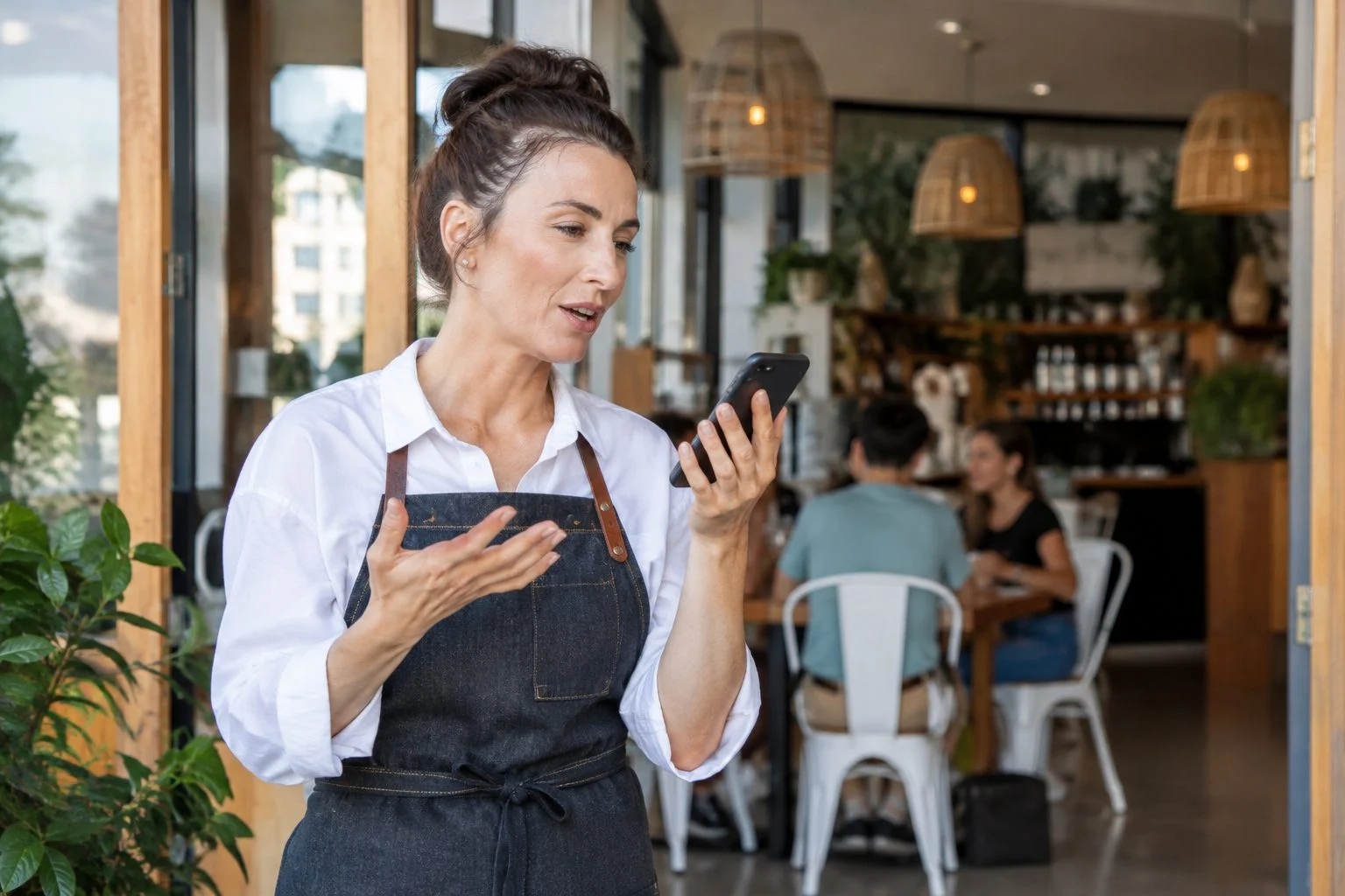 Gold Coast cafe owner asking her smartphone a question in her shopfront