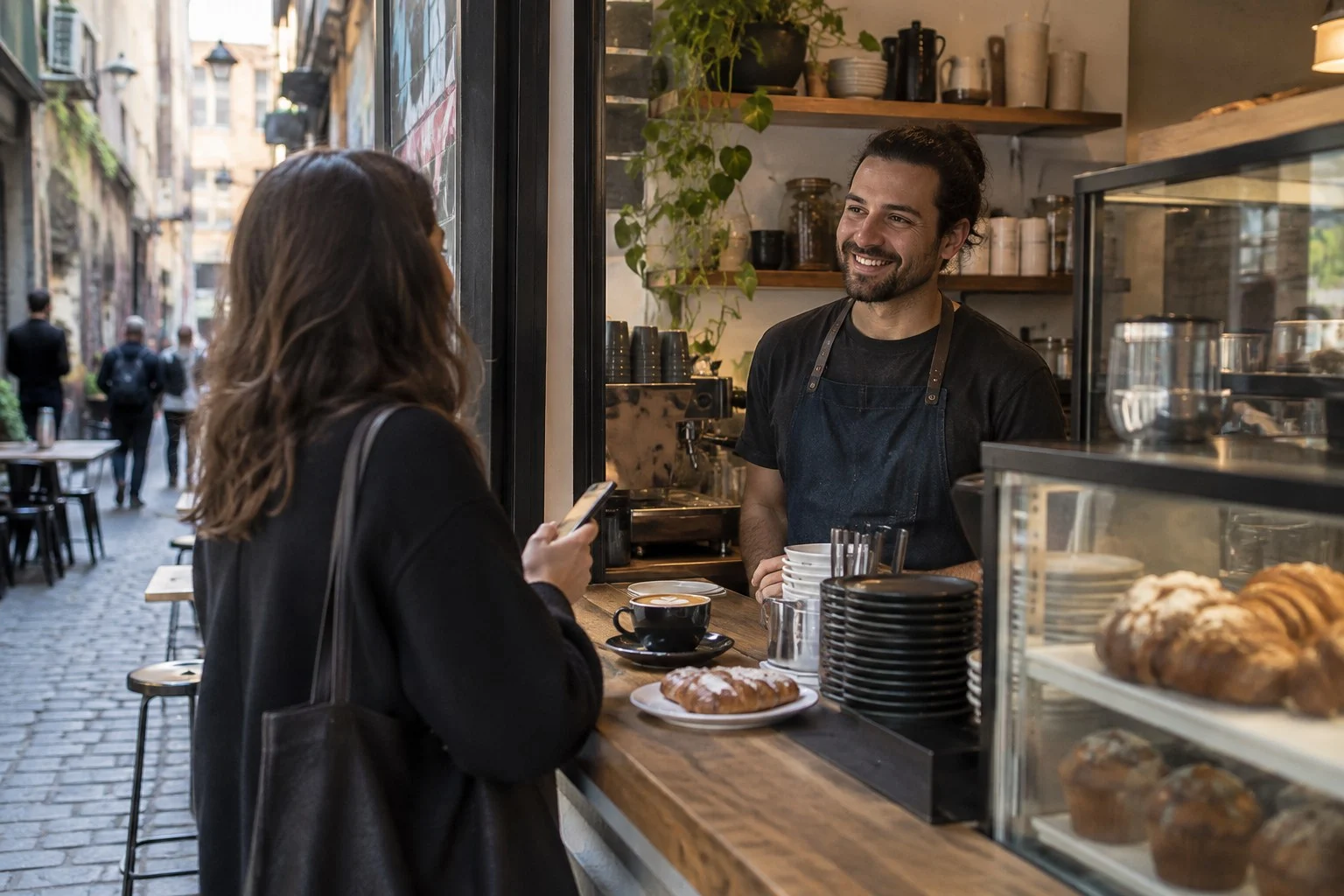 A customer holding a phone in a Melbourne laneway cafe while the owner smiles behind the counter