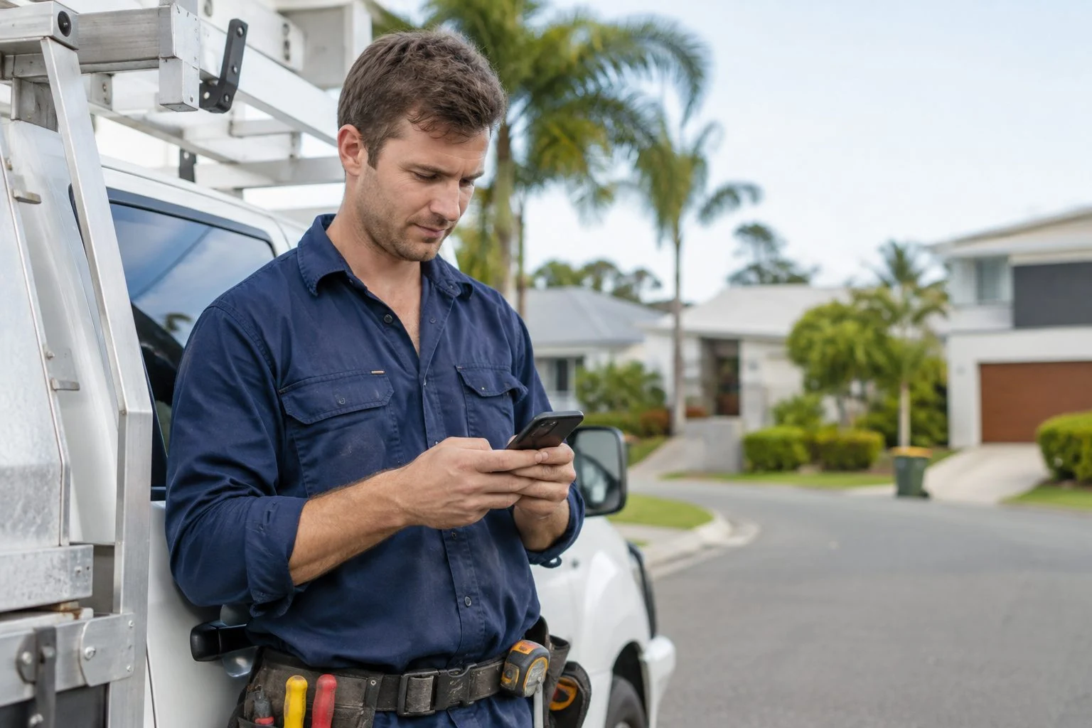 Electrician leaning on a work ute in a Robina street checking Google on his phone
