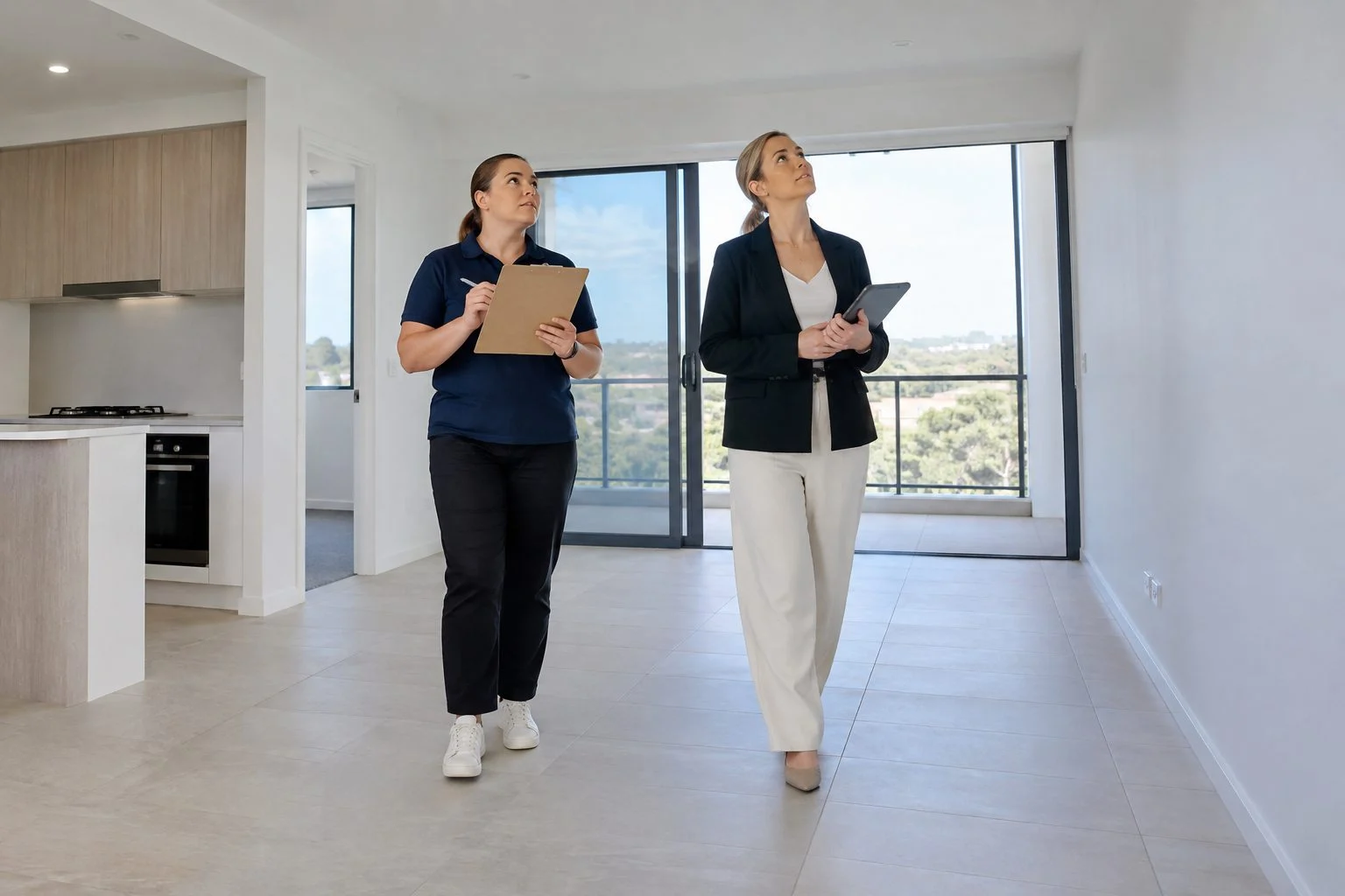 Cleaner and property manager inspecting an empty Robina unit with a checklist