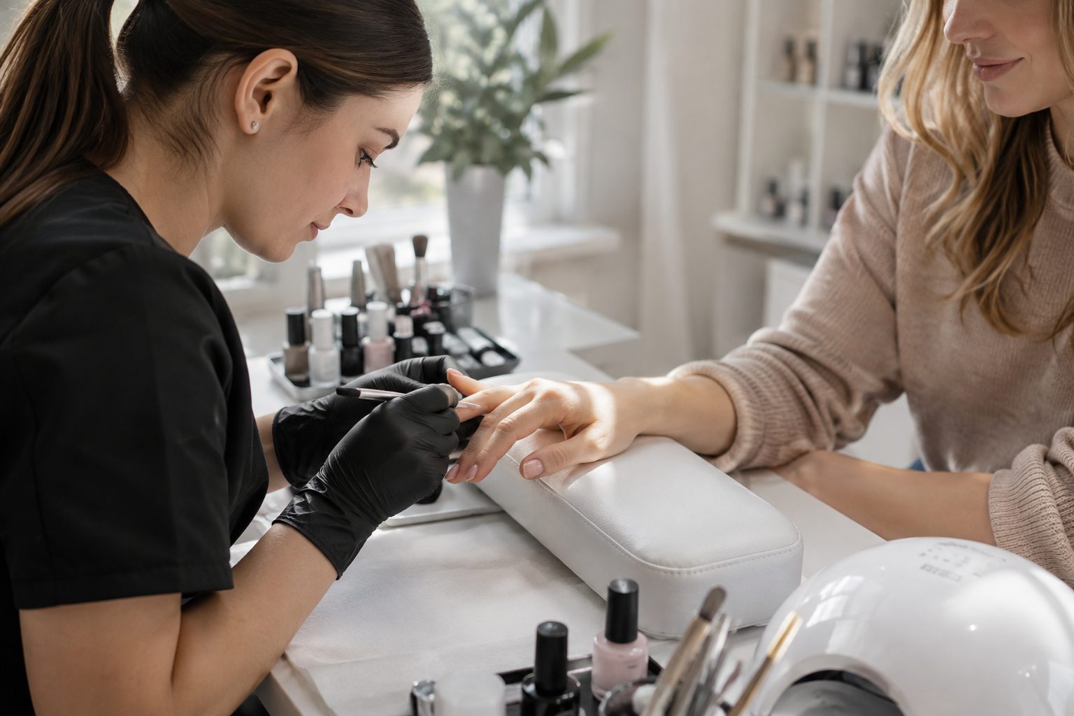 Nail technician and client at a manicure table in a calm beauty studio