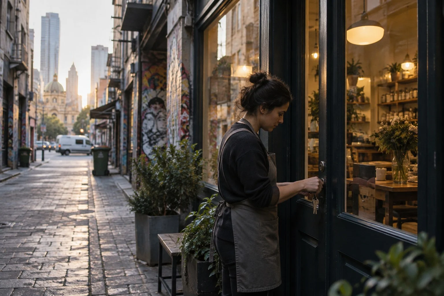 Melbourne laneway shop owner unlocking the door at dawn