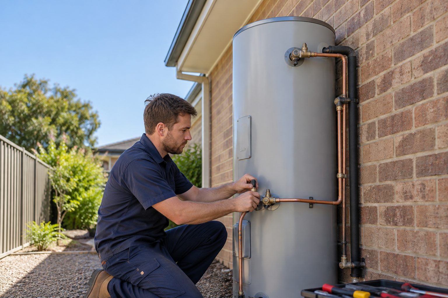 Plumber checking a hot water system installation on the side of a brick house