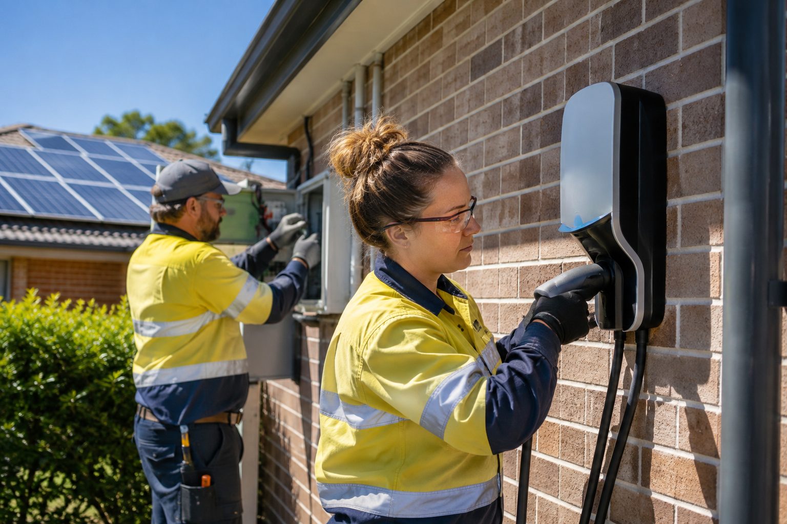 Two electricians installing an EV charger and checking solar wiring on a Queensland brick home