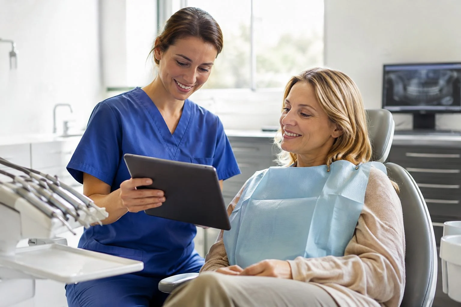 Dental nurse showing a patient a tablet in a treatment room