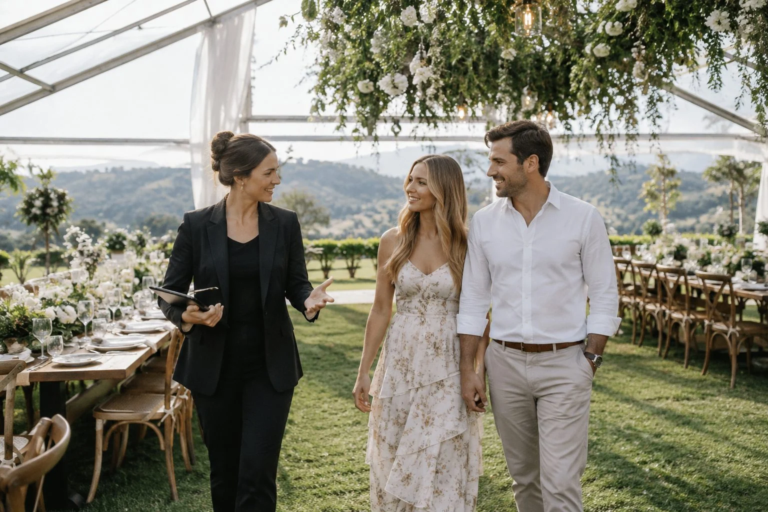 Venue coordinator walking a couple through a hinterland garden marquee set for a wedding reception