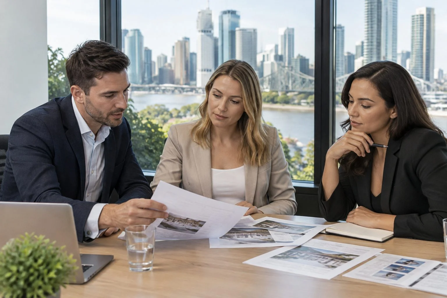 Three business people comparing printed agency proposals at a Brisbane meeting table