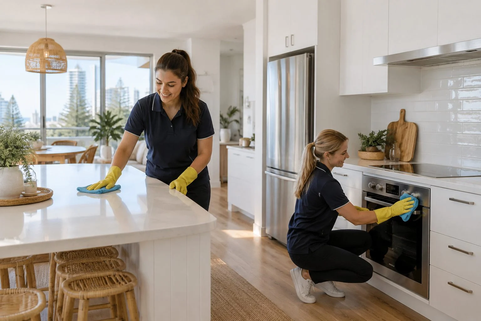 Two house cleaners working in a sunny Burleigh Heads kitchen