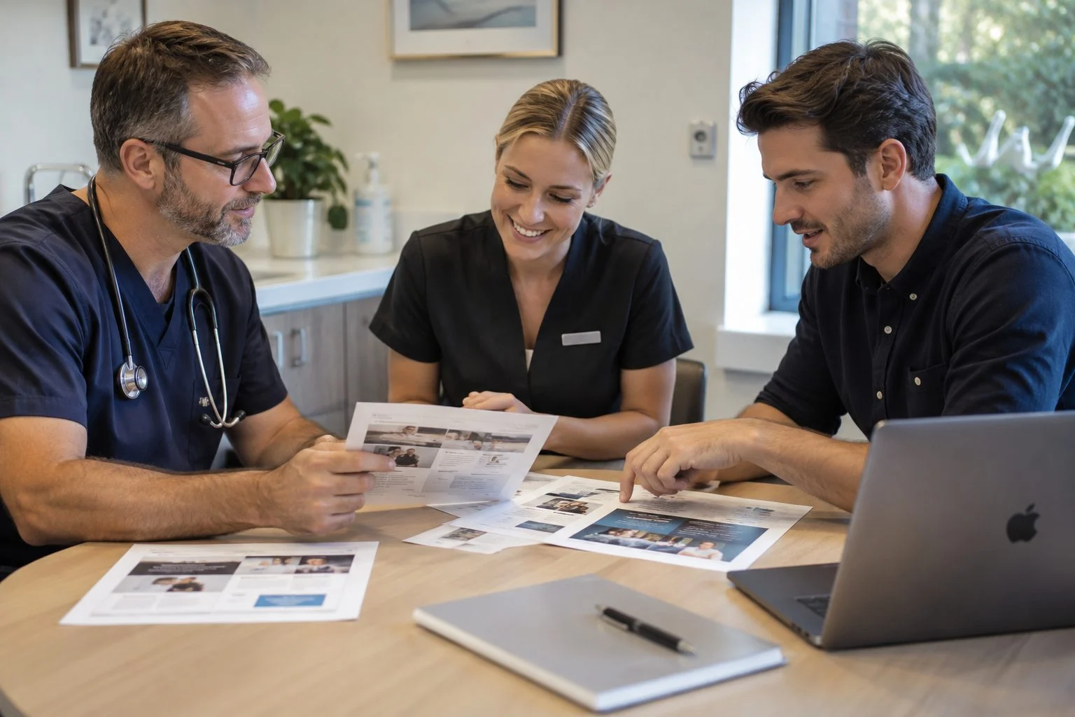 Doctor, receptionist and web designer comparing website proposals around a clinic meeting table