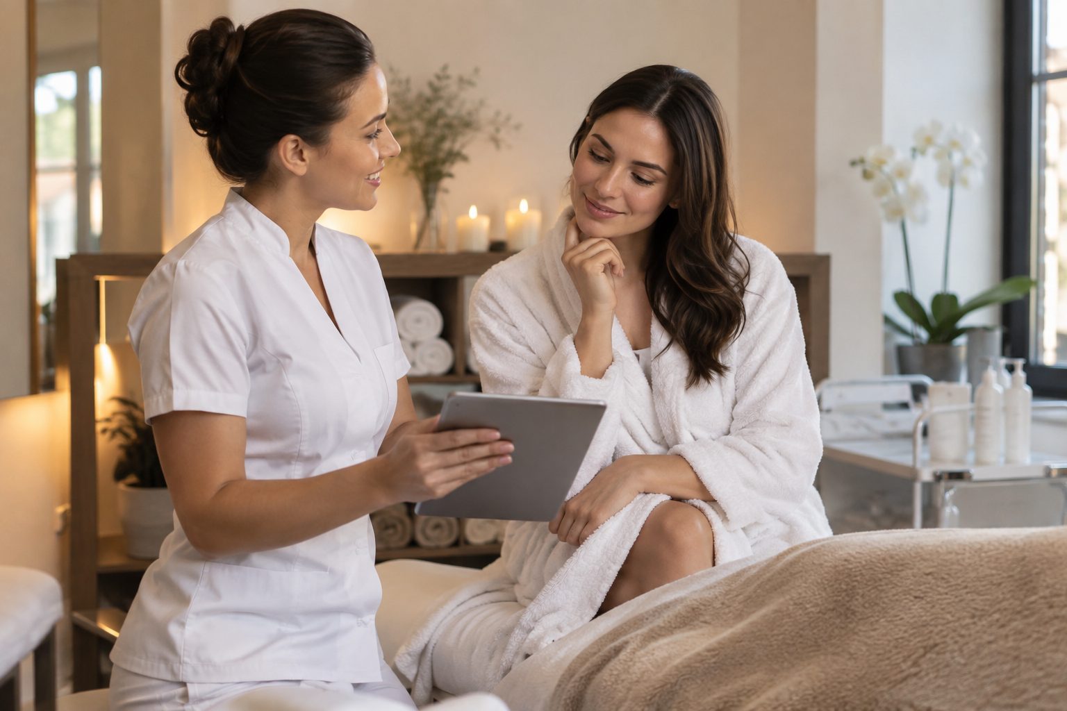Beauty therapist with a tablet discussing a service plan with a client