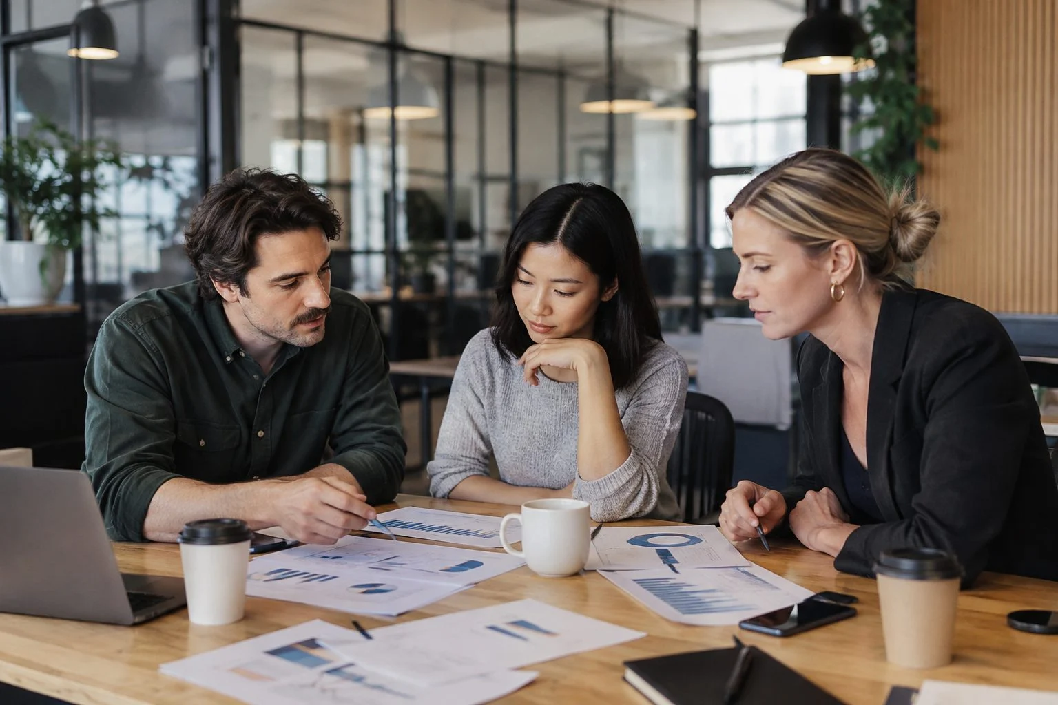 Three colleagues in a Melbourne coworking space reviewing charts of monthly search growth