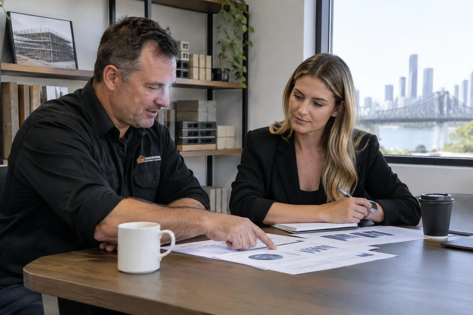 Brisbane business owner and marketing manager reviewing a printed monthly search report in a meeting room