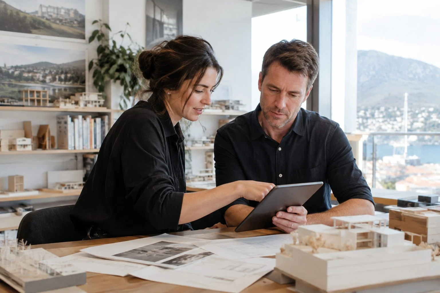 Hobart architect and client reviewing a tablet together at a studio desk