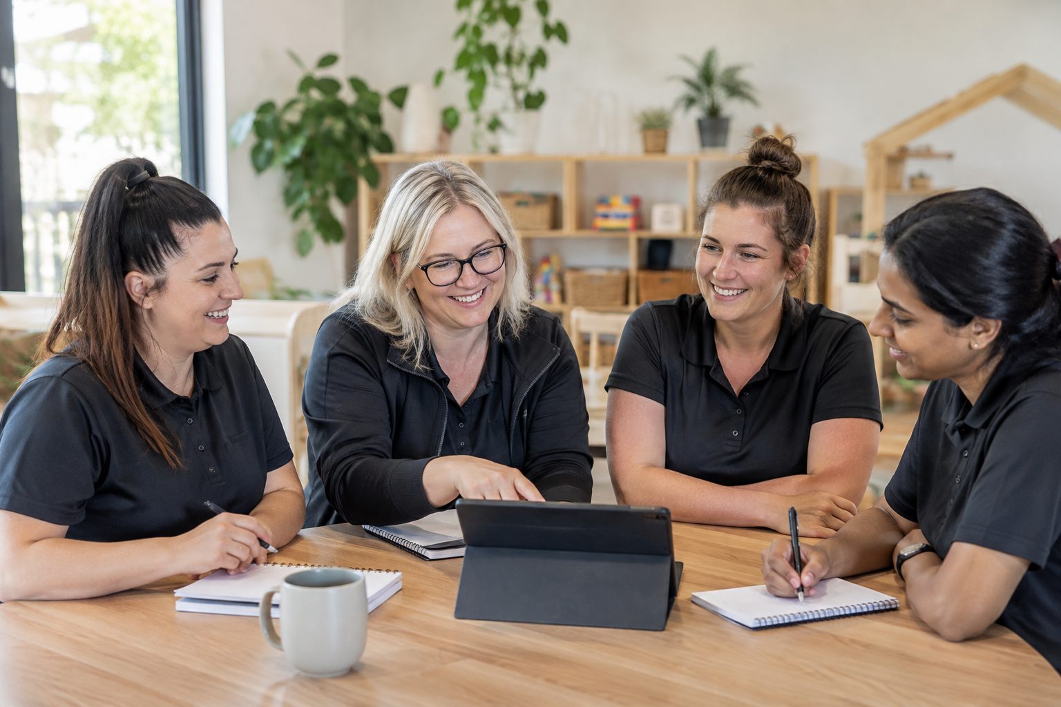 Childcare staff planning enrolment information around a table with a tablet