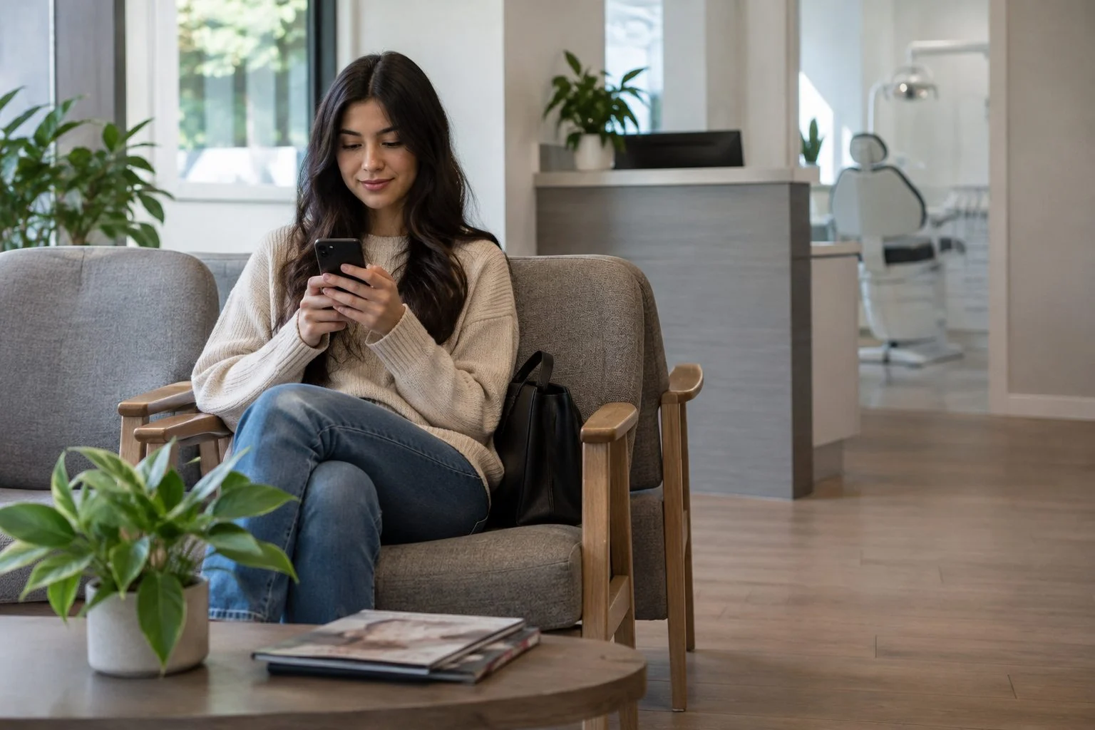 Patient checking a smartphone in a dental clinic waiting room