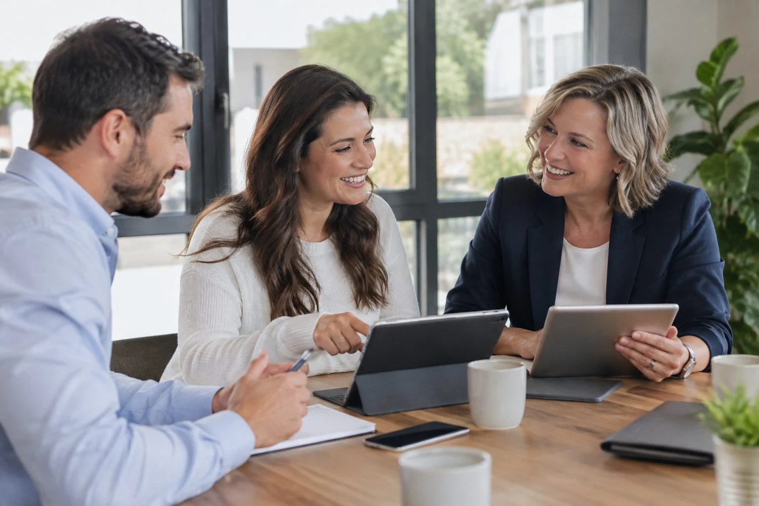 Brokerage team planning client communication around a table with tablets