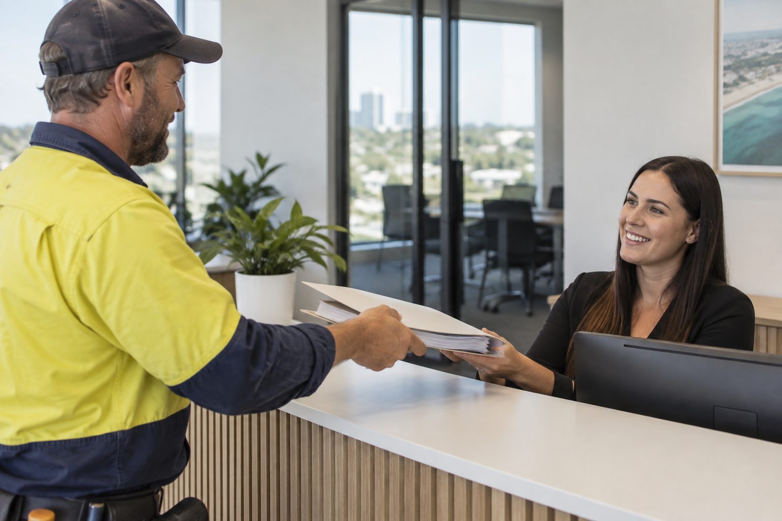 Tradesman handing receipts to an accountant at a Robina office during tax time