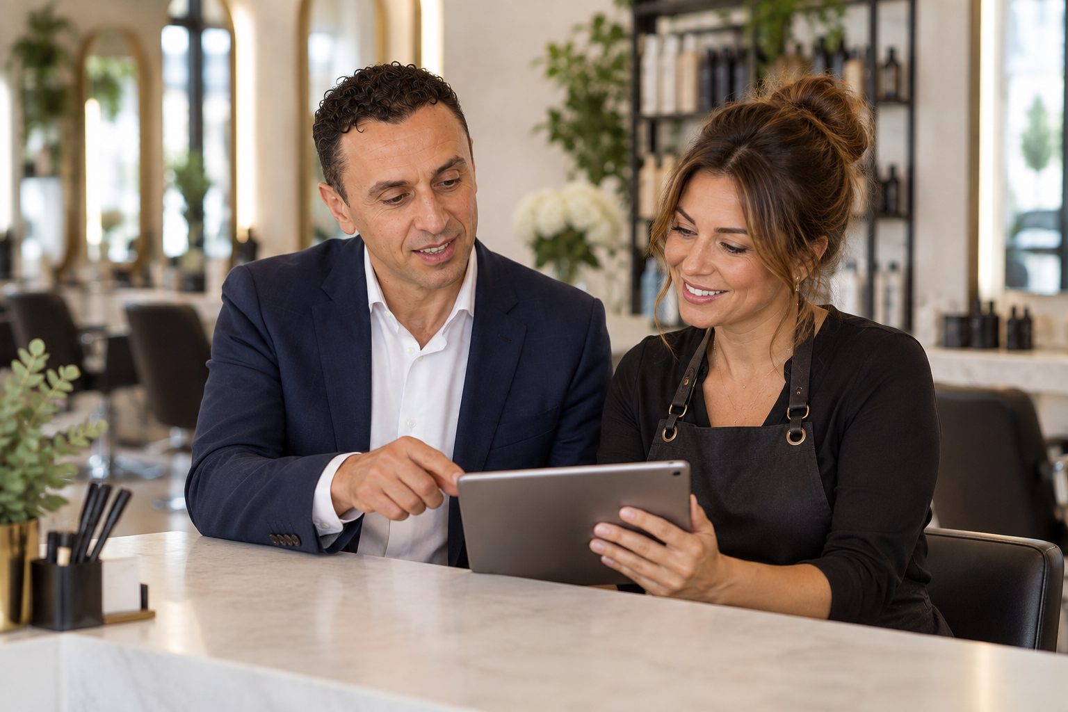 Richie Zengoski reviewing a salon booking setup on a tablet with the salon owner