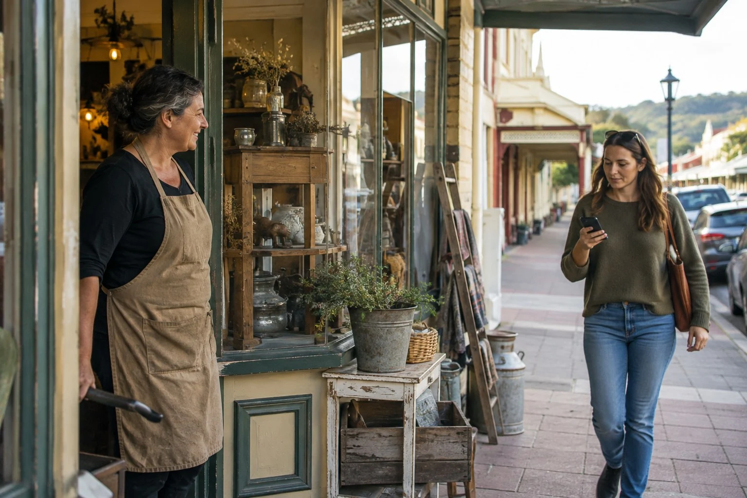 A regional Australian shop owner in the doorway as a customer walks up checking a phone