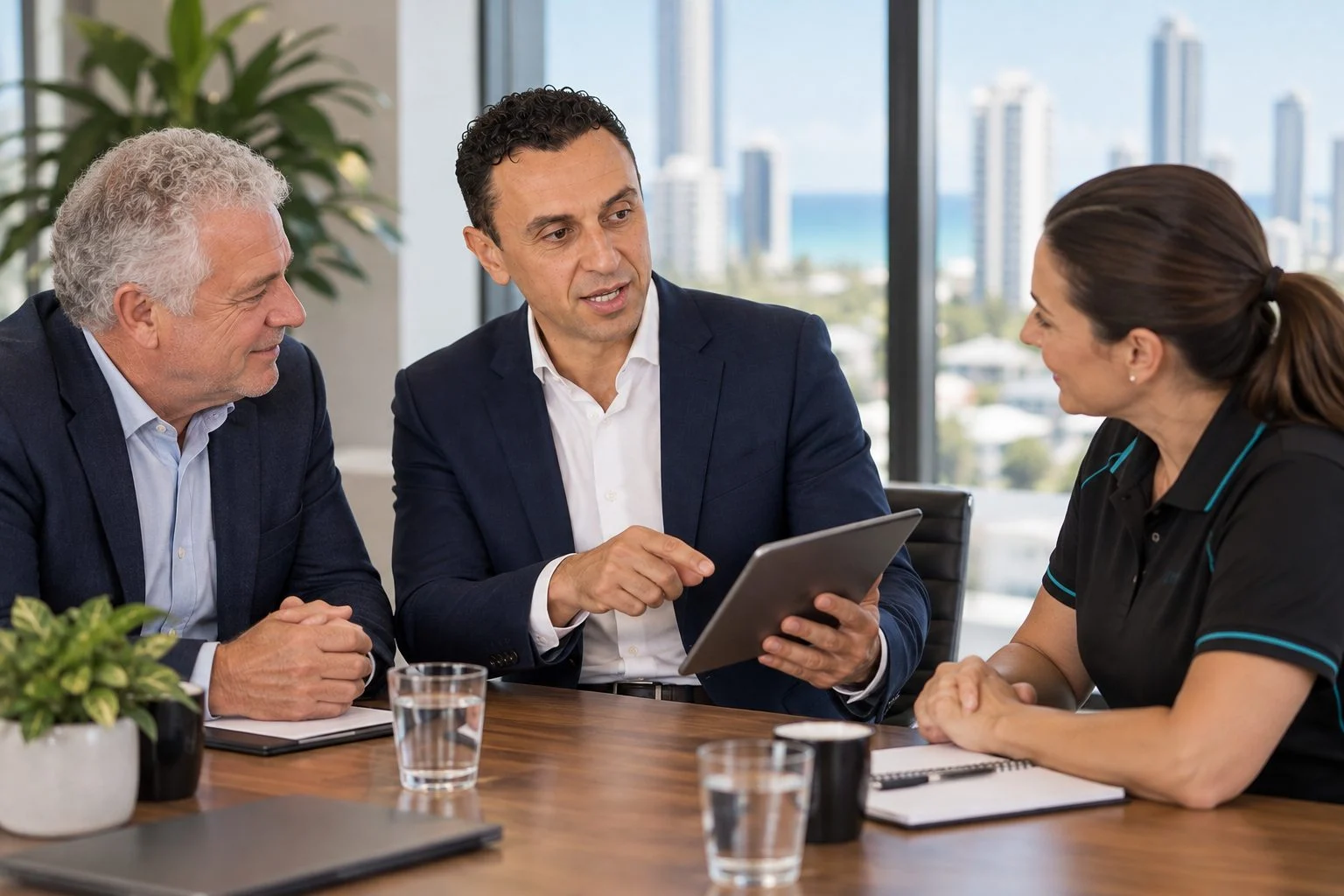 Richie Zengoski showing a cleaning company owner and operations manager a website on a tablet in a Broadbeach office
