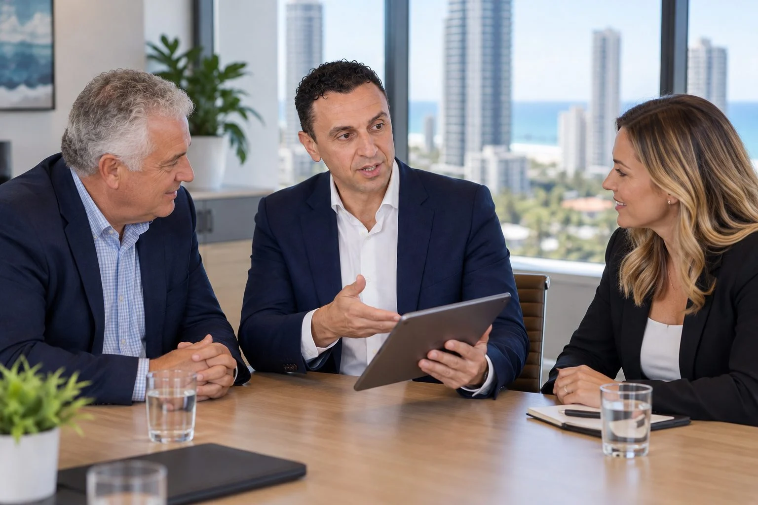 Richie Zengoski showing a store owner and operations manager a Shopify store on a tablet in a Broadbeach office