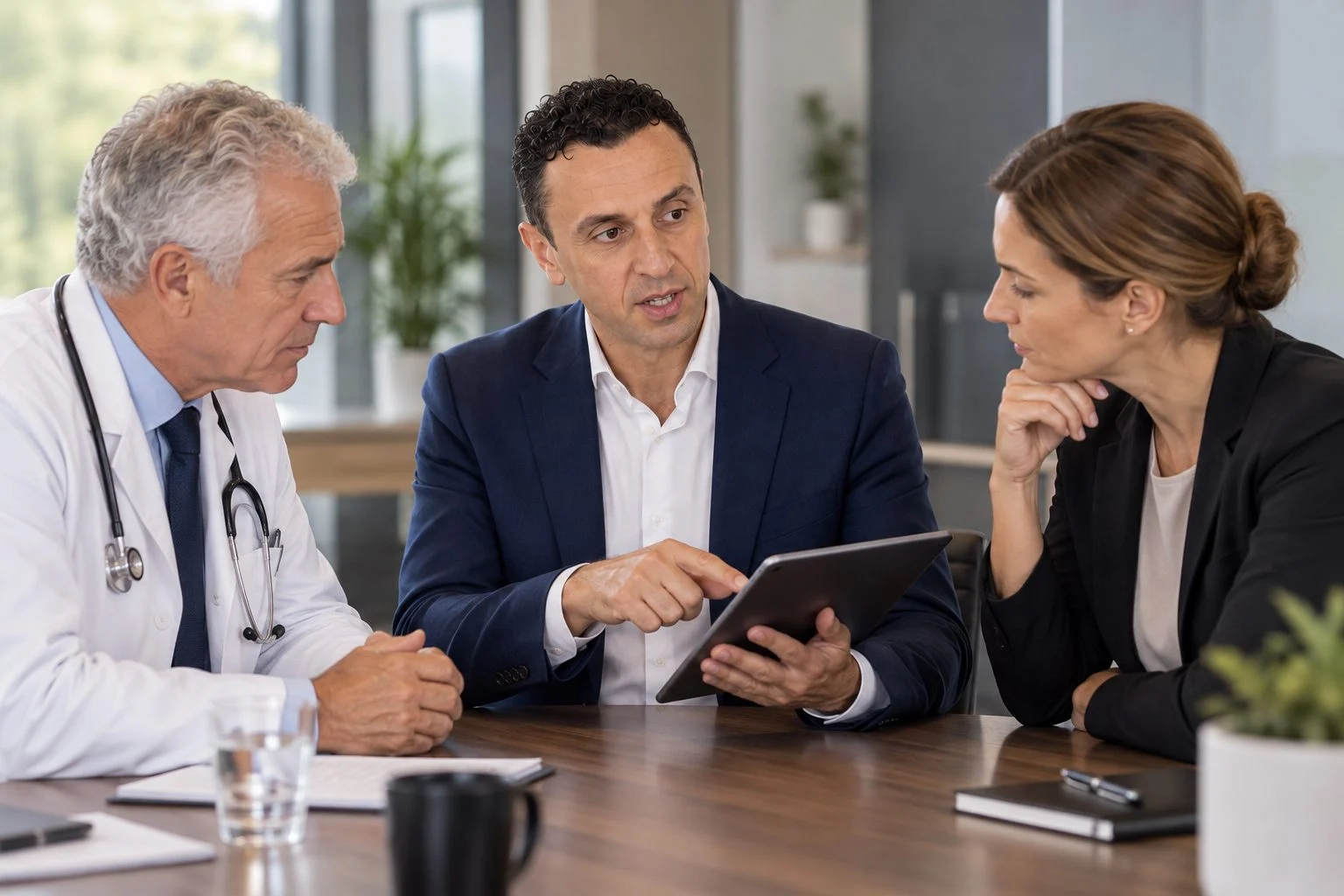 Richie Zengoski showing a doctor and practice manager a website on a tablet in a clinic meeting room