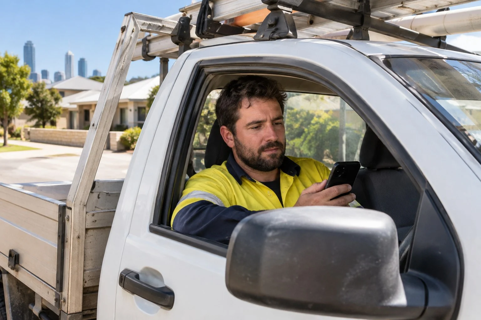 Perth tradesperson checking a smartphone beside a ute on a sunny street