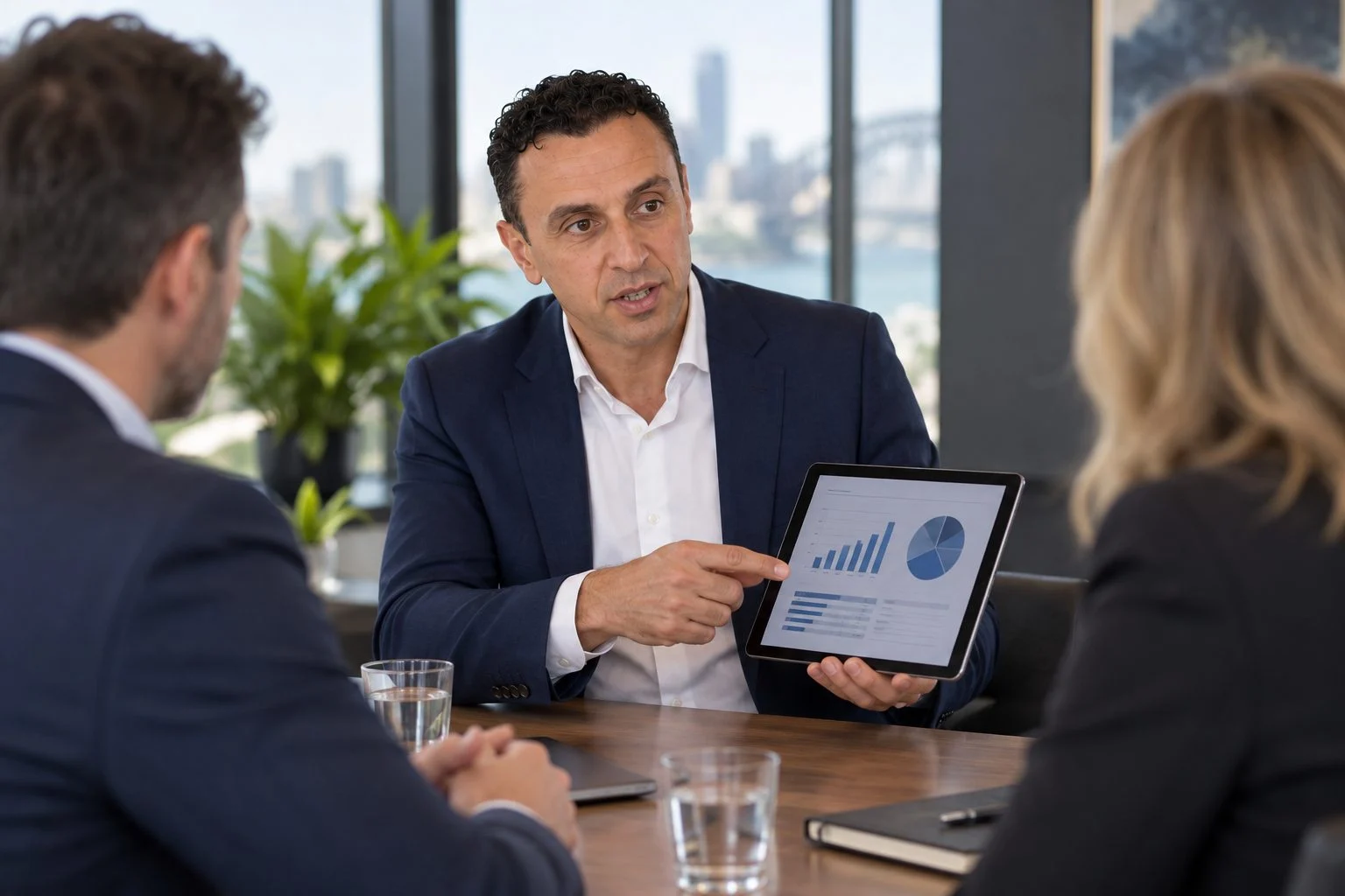 Richie Zengoski presenting a tablet to two business owners in a meeting room