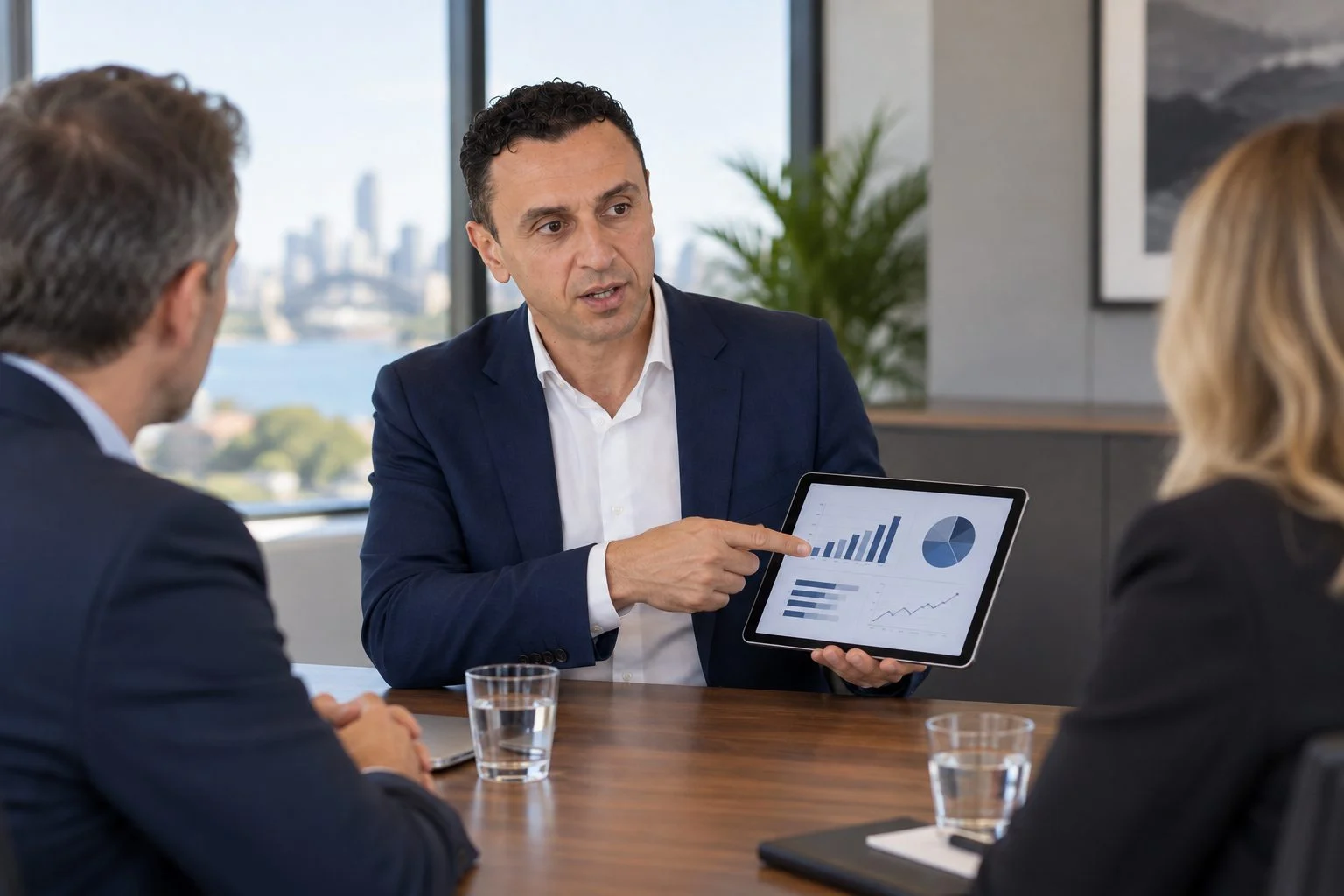 Richie Zengoski presenting a tablet to two business owners in a meeting room