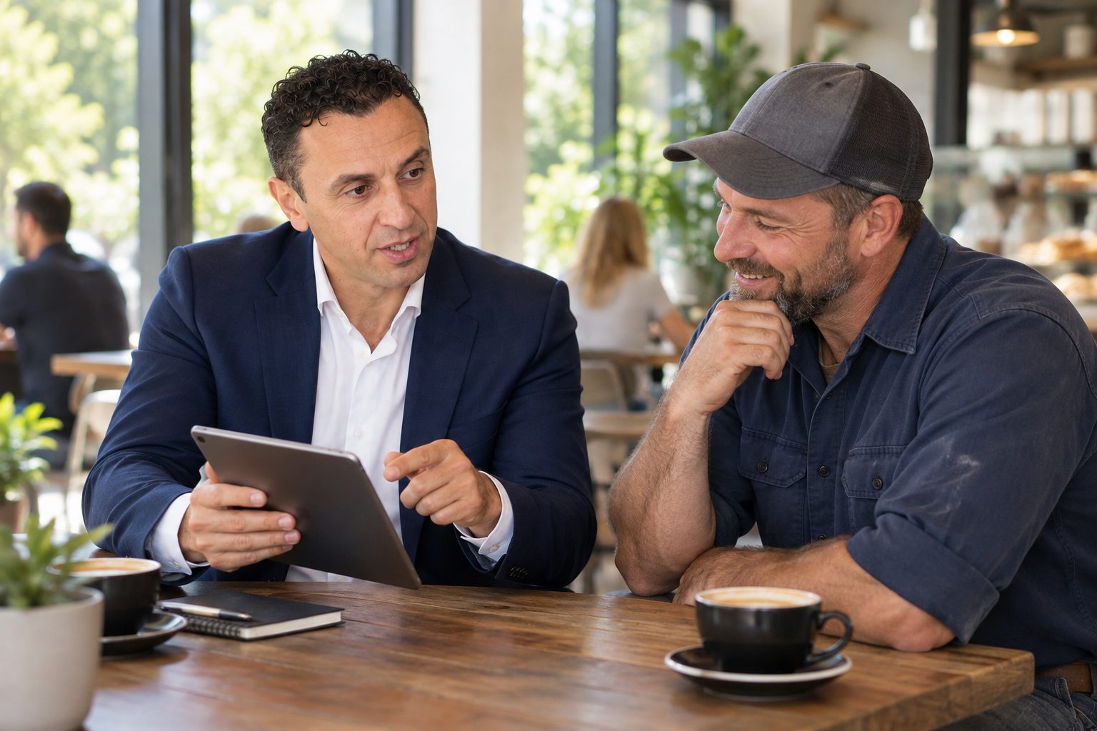 Richie Zengoski reviewing a mobile-friendly website on a tablet with a plumbing business owner