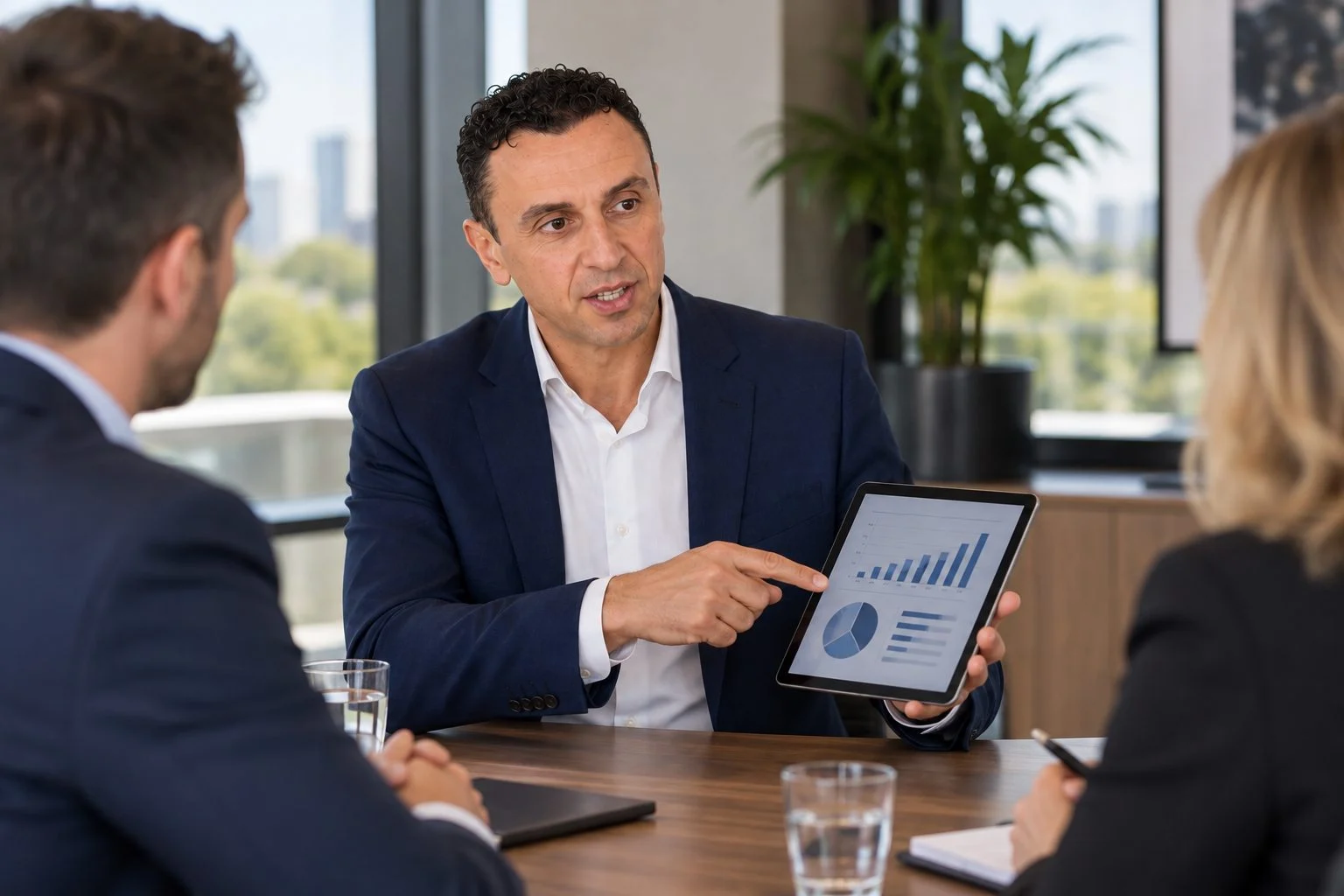 Richie Zengoski presenting a tablet to two business owners in a meeting room
