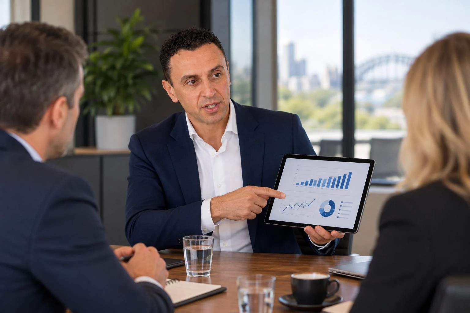 Richie Zengoski presenting a tablet to two business owners in a meeting room