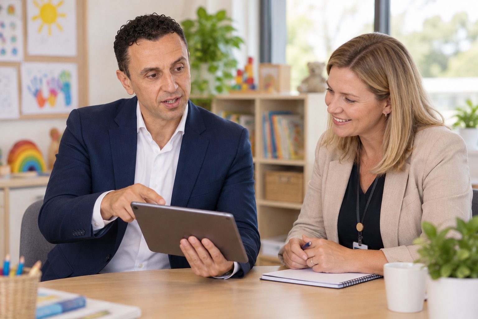 Richie Zengoski showing a childcare centre director a tablet in an early learning centre office